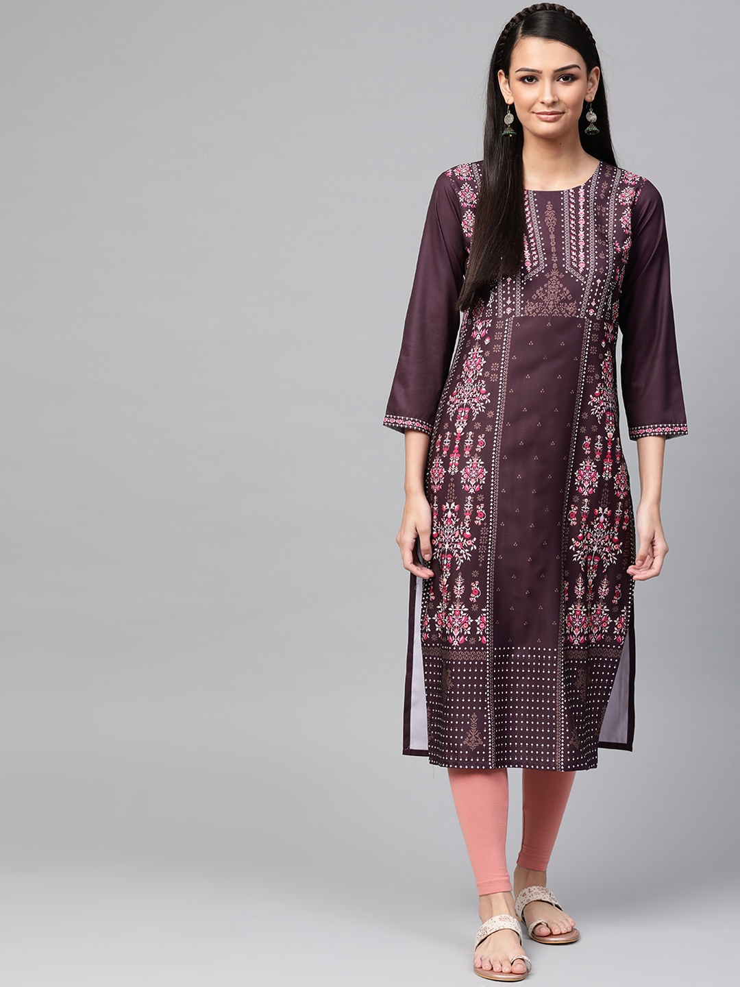 

AHIKA Women Wine-Coloured & Pink Printed Straight Kurta, Purple