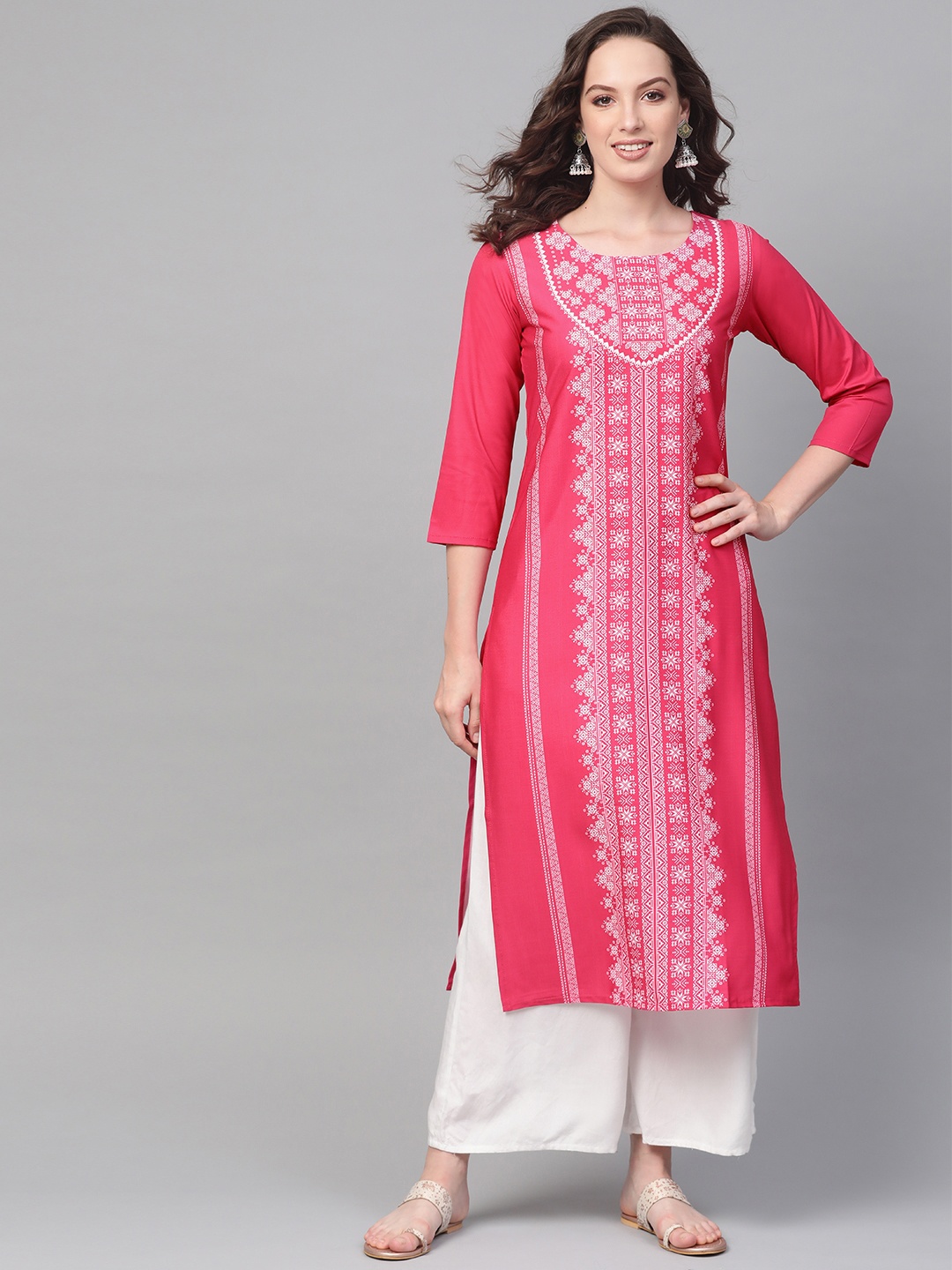 

AHIKA Women Pink & White Printed Straight Kurta