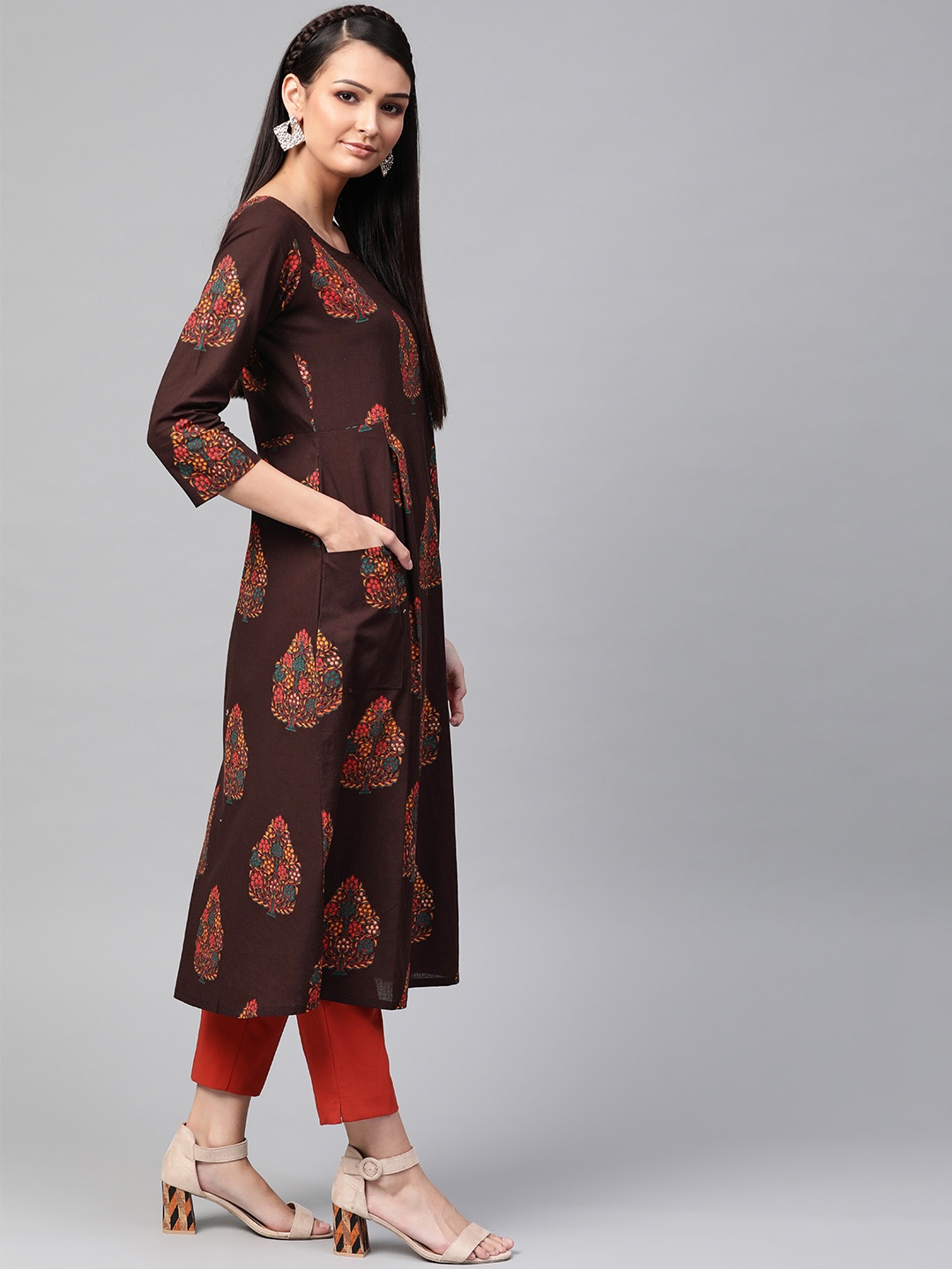 

AHIKA Women Coffee Brown & Yellow Printed A-Line Kurta
