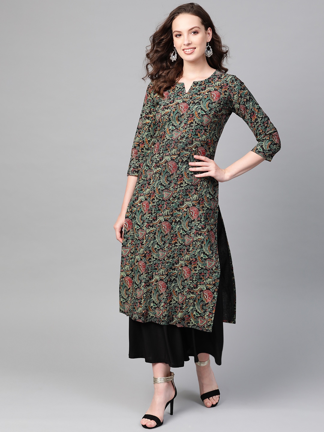 

AHIKA Women Black & Green Printed Straight Kurta