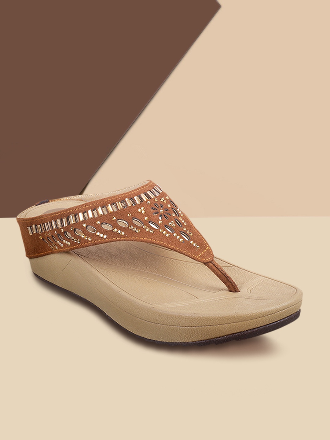 

Mochi Women Muted Gold-Toned & Brown Solid Embellished Comfort Heels