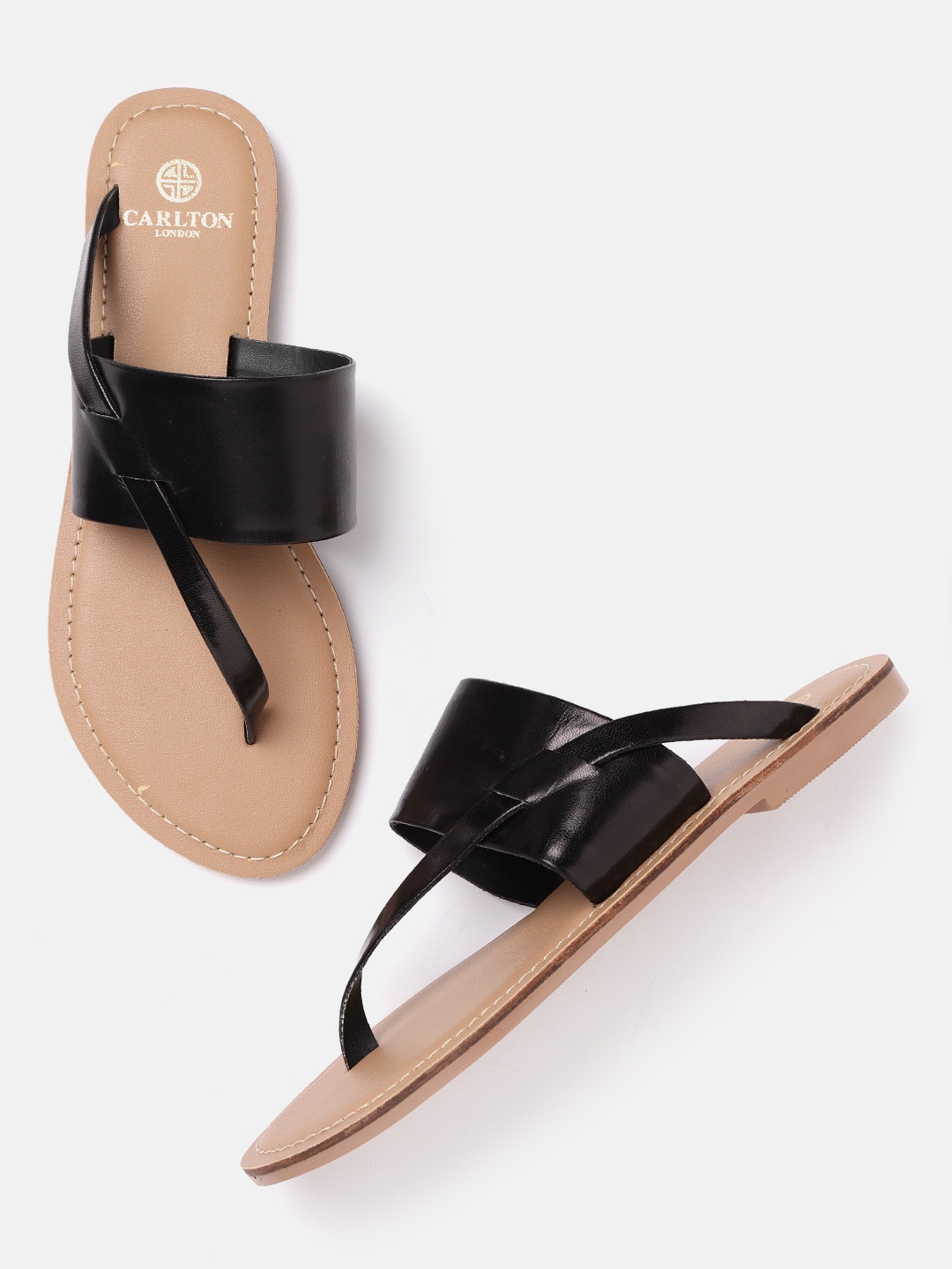 

Carlton London Women Black Solid Leather T-Strap Flats