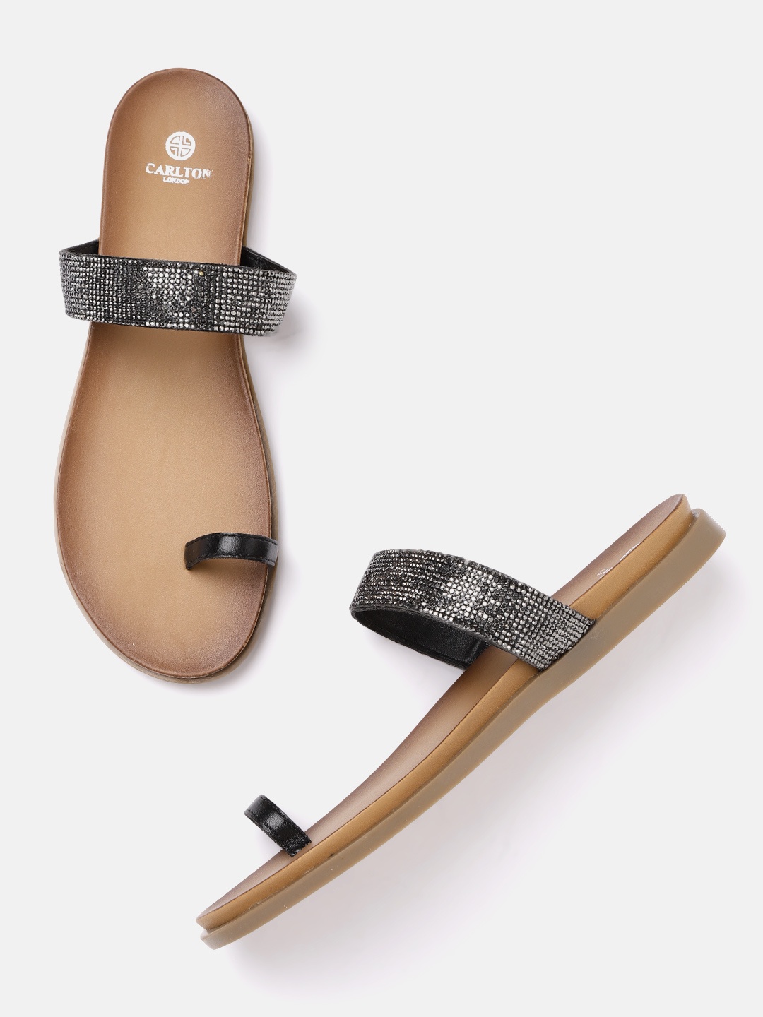 

Carlton London Women Black & Gunmetal-Toned Embellished One Toe Flats