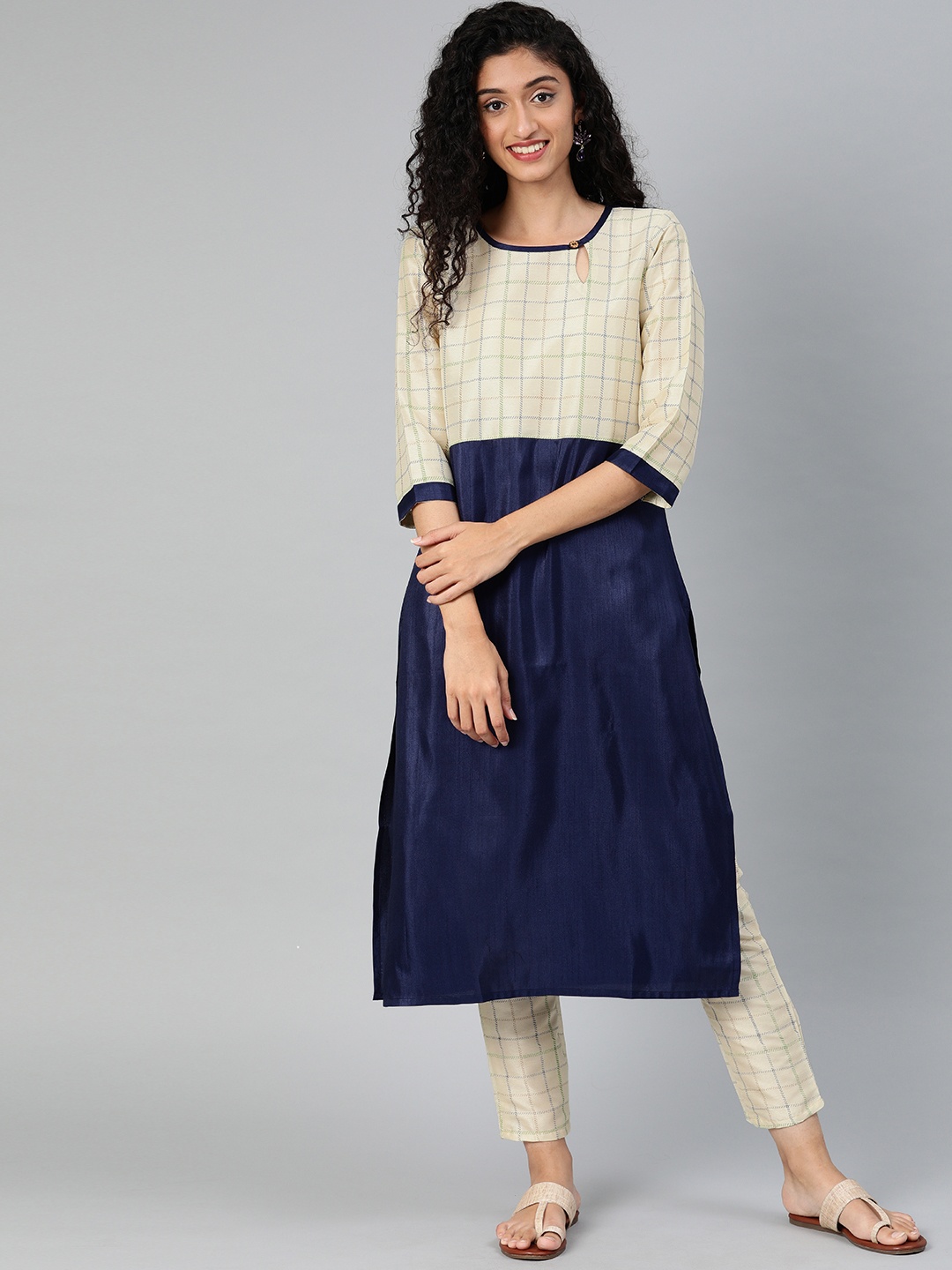 

ZIYAA Women Navy Blue & Cream-Coloured Printed Kurta with Trousers