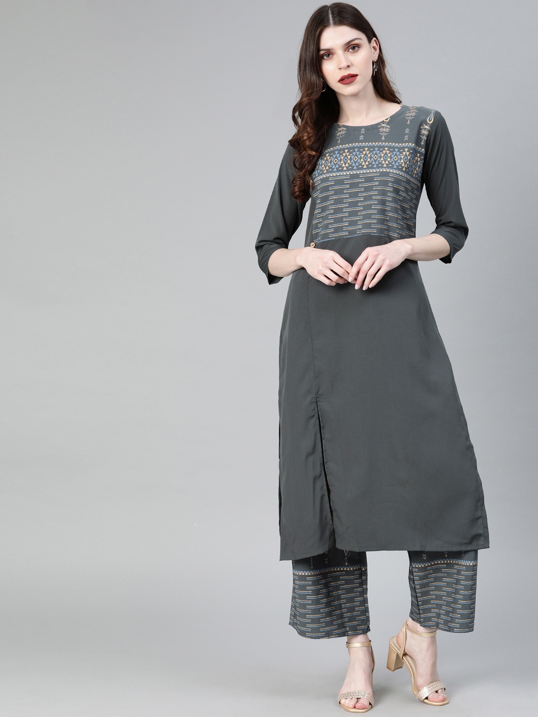 

ZIYAA Women Grey Printed Kurta with Palazzos
