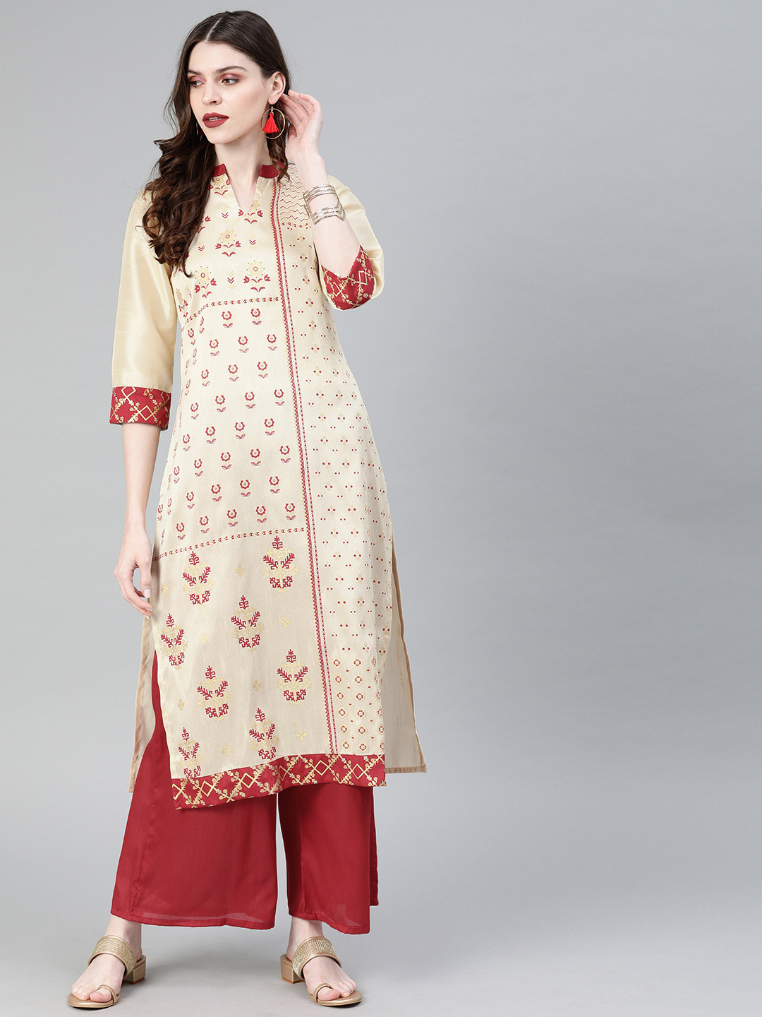 

ZIYAA Women Cream-Coloured & Maroon Printed Straight Kurta with Palazzo