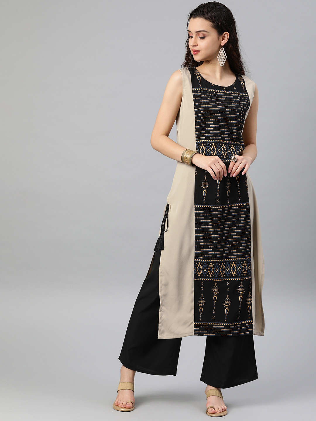 

ZIYAA Women Black & Beige Printed Kurta with Palazzos