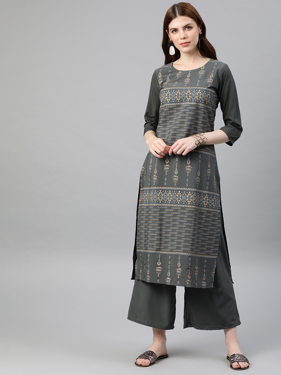 

ZIYAA Women Grey & Blue Printed Kurta with Palazzos