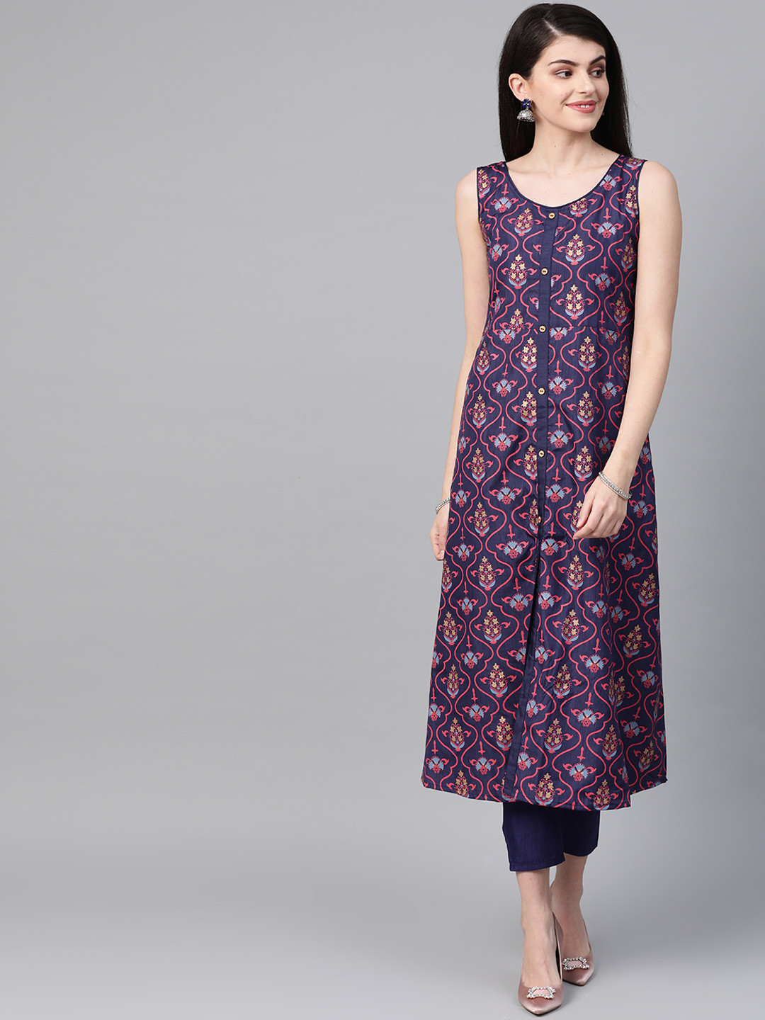 

ZIYAA Women Navy Blue & Pink Printed Kurta with Trousers