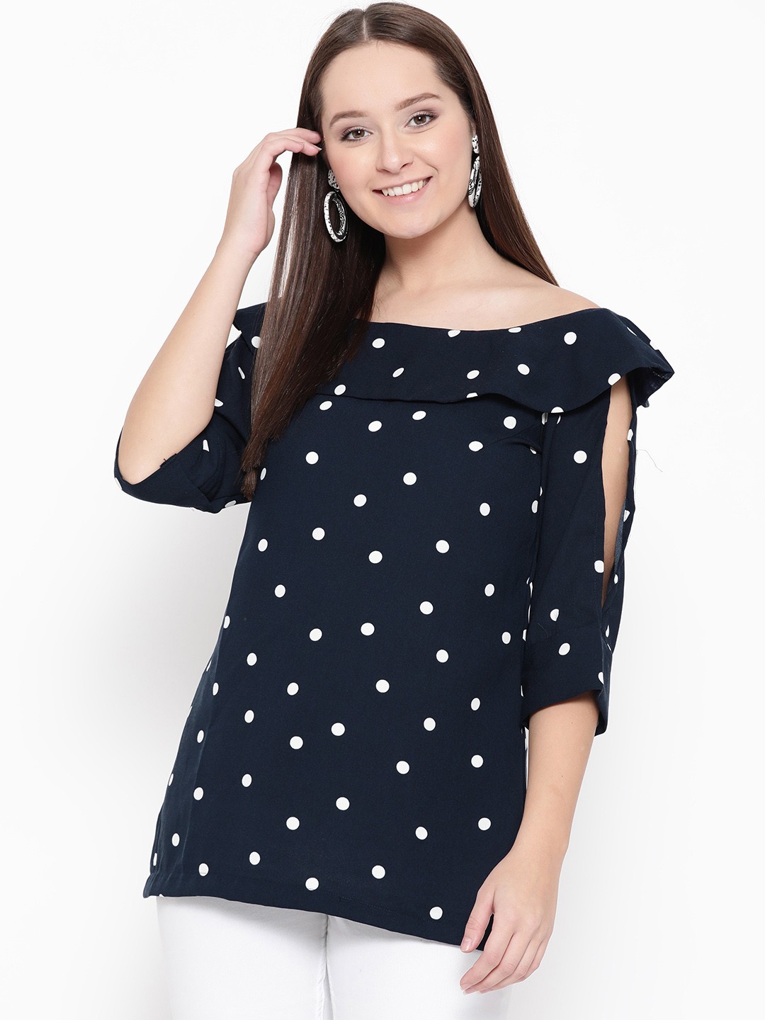 

Raano Women Navy Blue & White Polka Dot Print Top