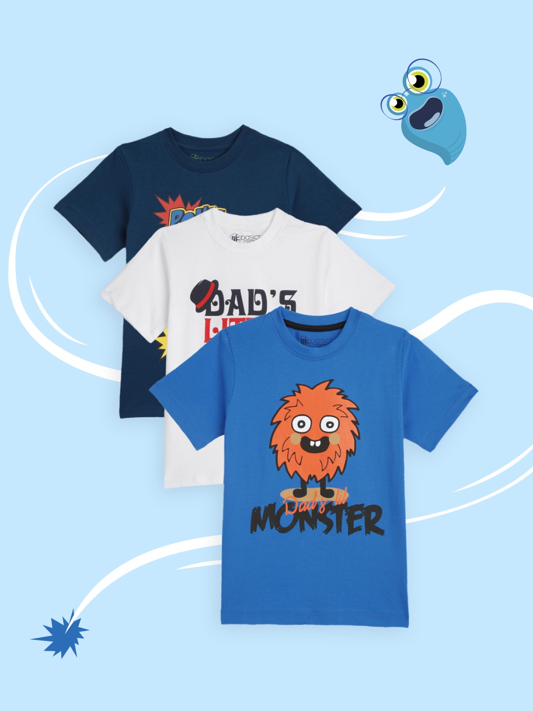 

YK Basics Boys Pack of 3 Printed Round Neck Pure Cotton T-shirts, Blue