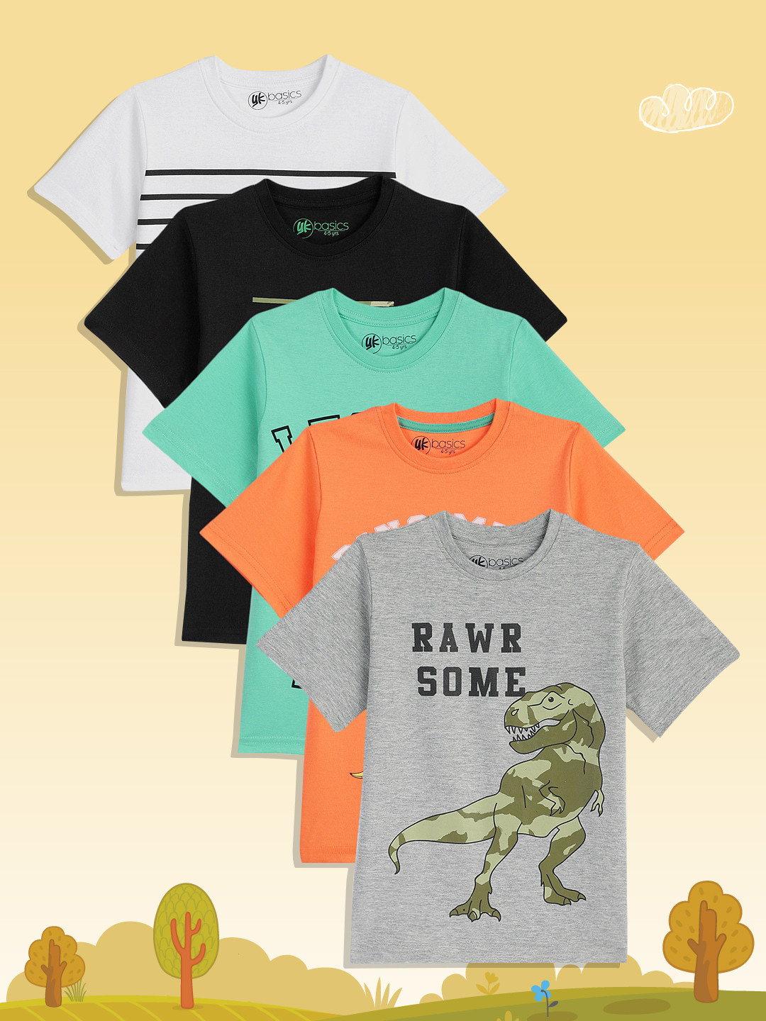 

YK Basics Boys Pack Of 5 Printed Round Neck Pure Cotton T-shirt, Black