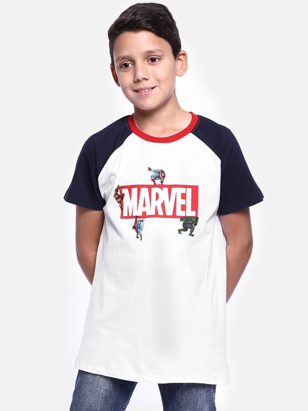 

YK Marvel Boys White Navy Blue Avengers Spiderman Print Round Neck Pure Cotton T-shirt