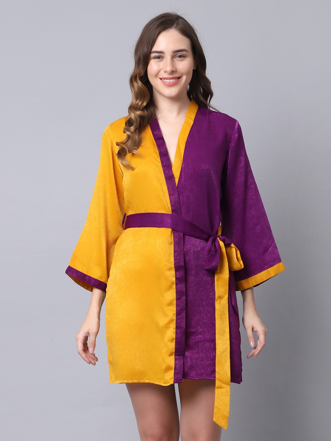 

EROTISSCH Women Purple & Mustard Yellow Robe With Satin Finish