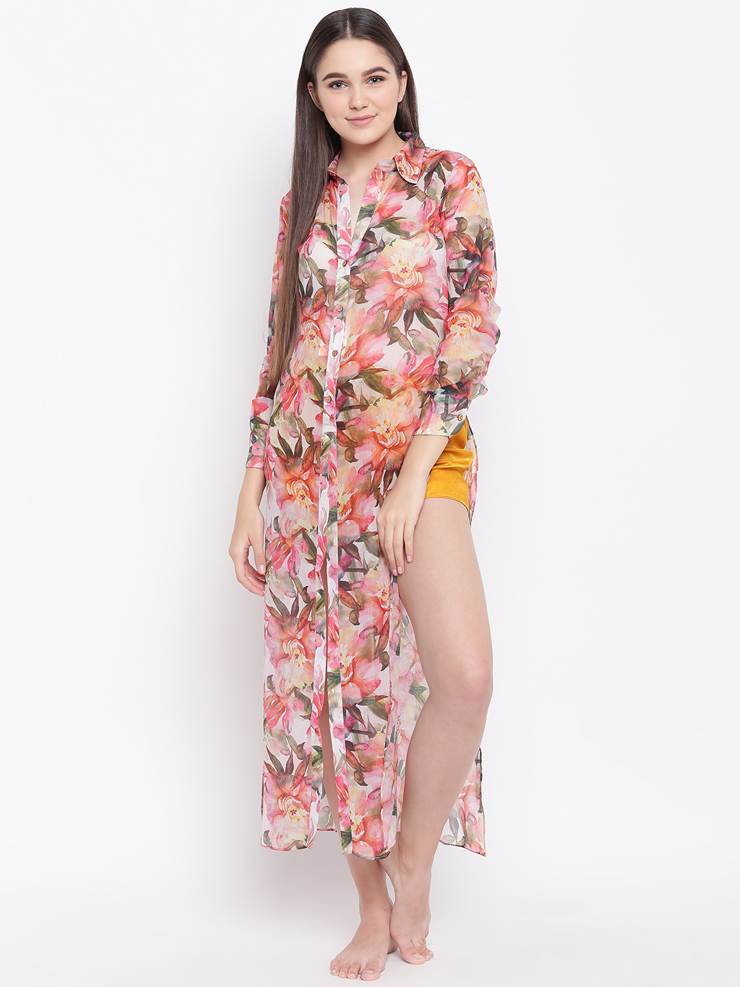 

EROTISSCH Women Off-White & Pink Printed Semi-Sheer Swimwear Cover-Up Shirt Style Dress