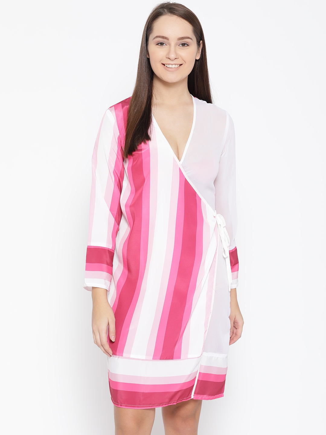 

EROTISSCH Women Pink & White Semi-Sheer Striped Knee Length Robe