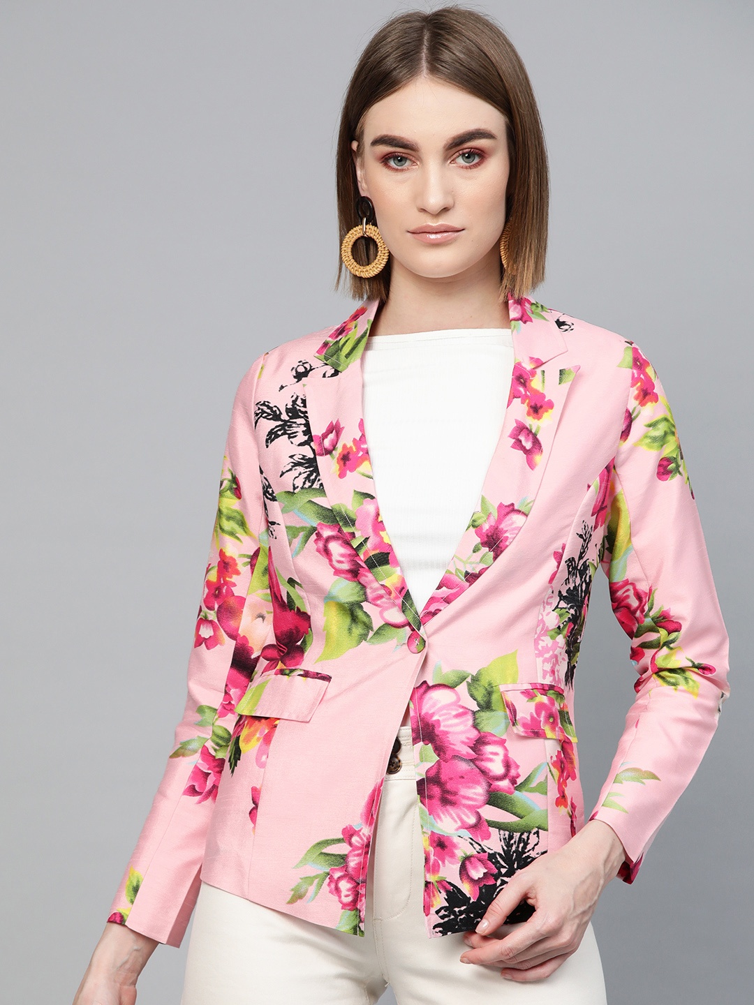 

SASSAFRAS Women Pink & Green Printed Slim-Fit Casual Blazer