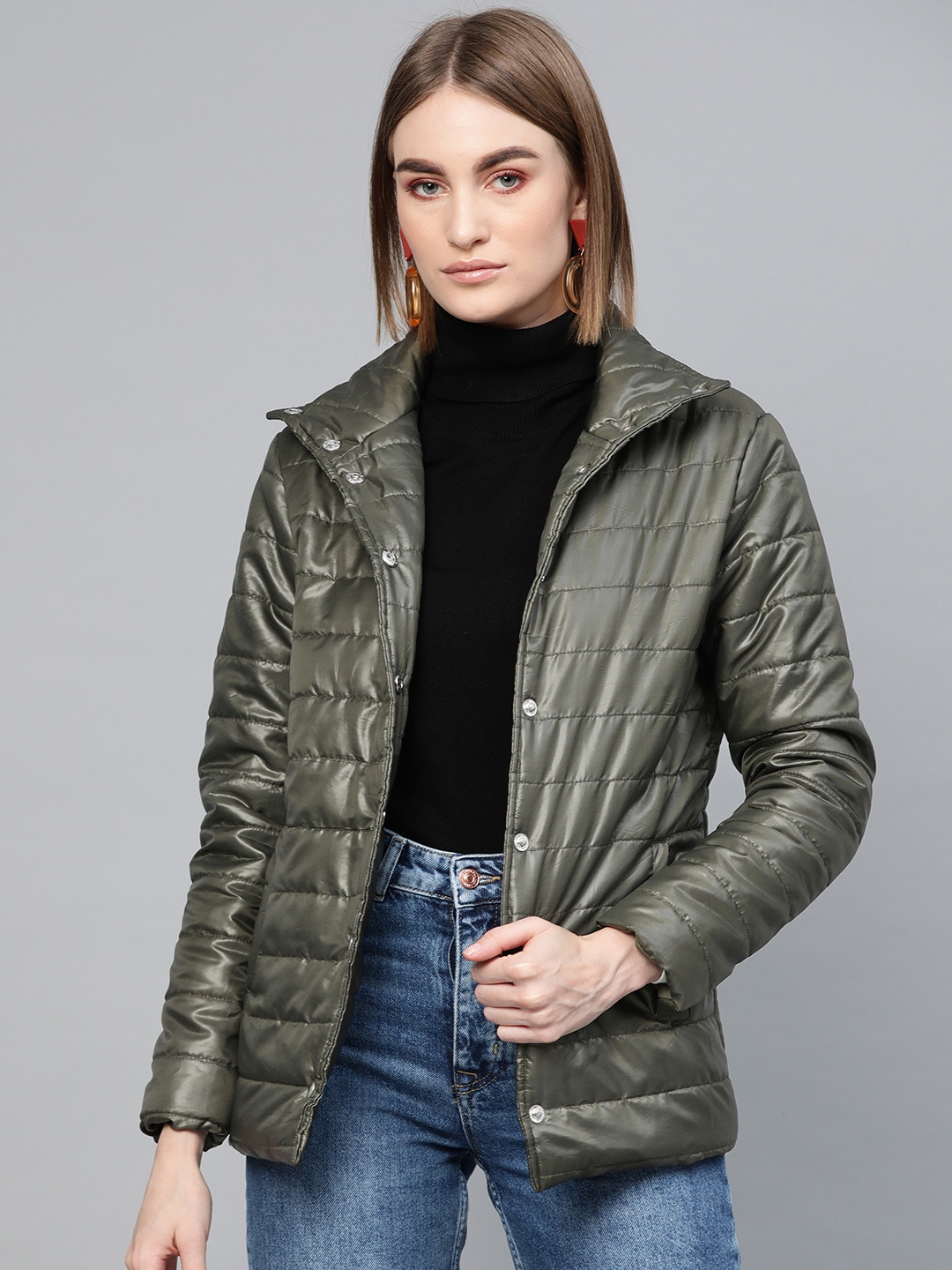 

SASSAFRAS Women Olive Green Solid Puffer Jacket