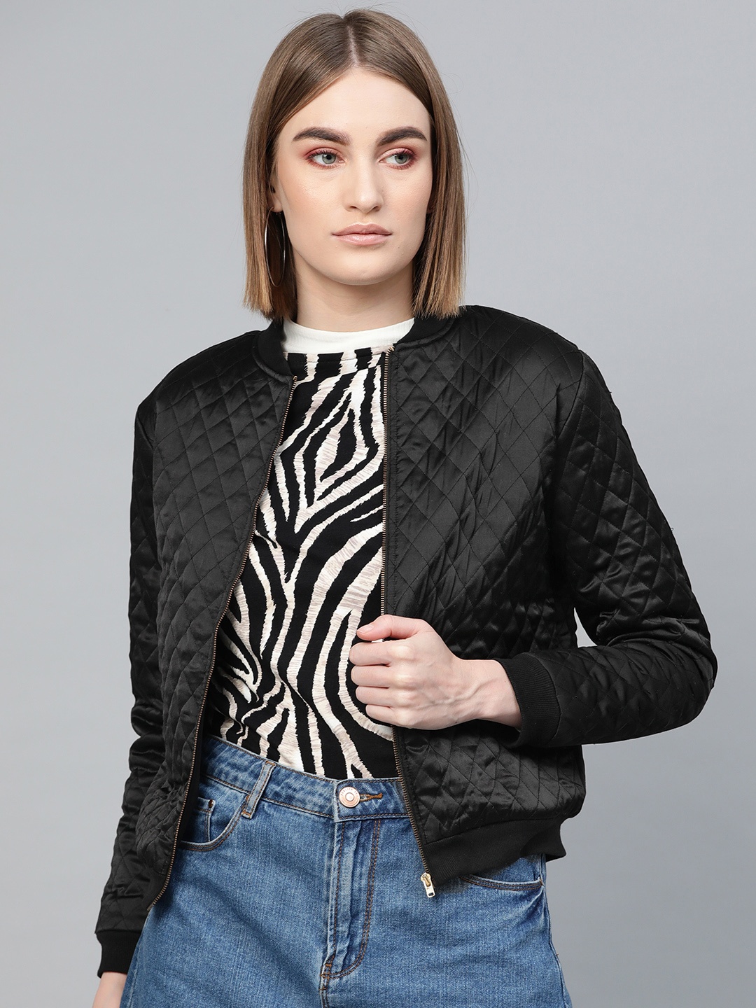

SASSAFRAS Women Black Quilted Bomber Jacket