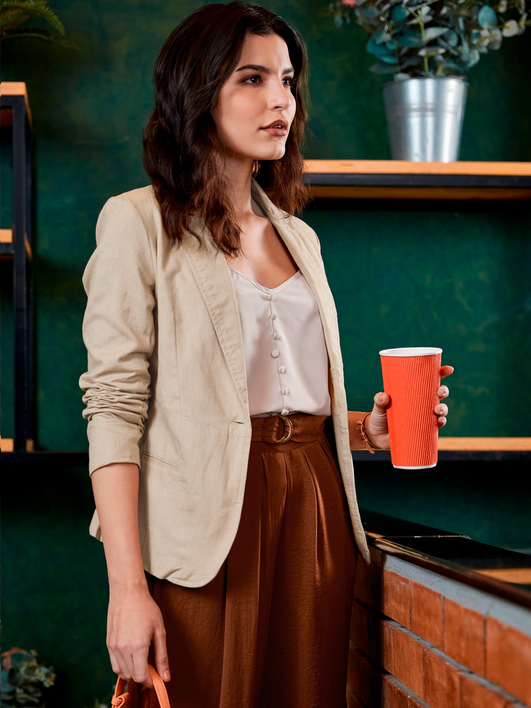 

SASSAFRAS Women Beige Solid Slim Fit Single Breasted Formal Pure Cotton Blazer