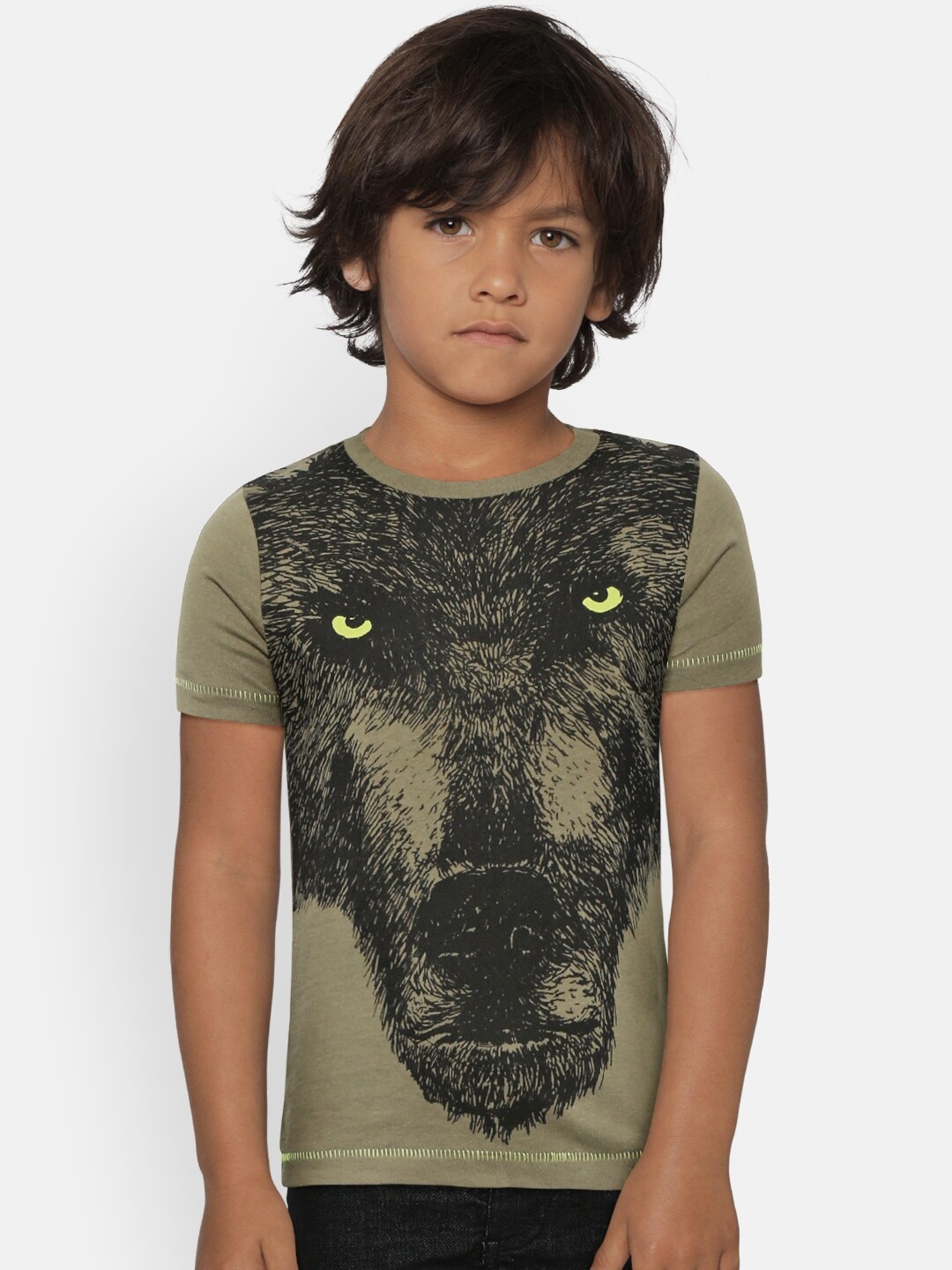 

COOL CLUB Boys Olive Green Black Printed Round Neck Pure Cotton T-shirt