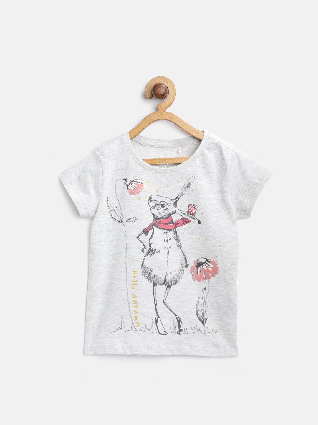 

COOL CLUB Girls Grey Melange Printed Round Neck T-shirt