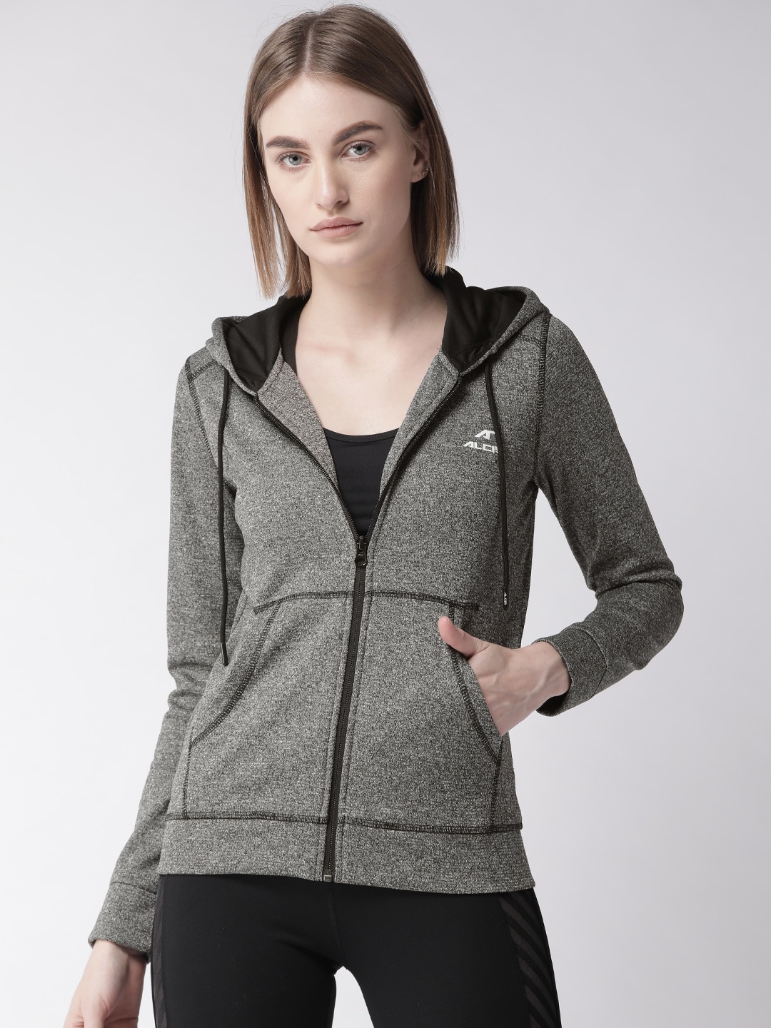 

Alcis Women Charcoal Grey Self Design Hooded Sporty Jacket