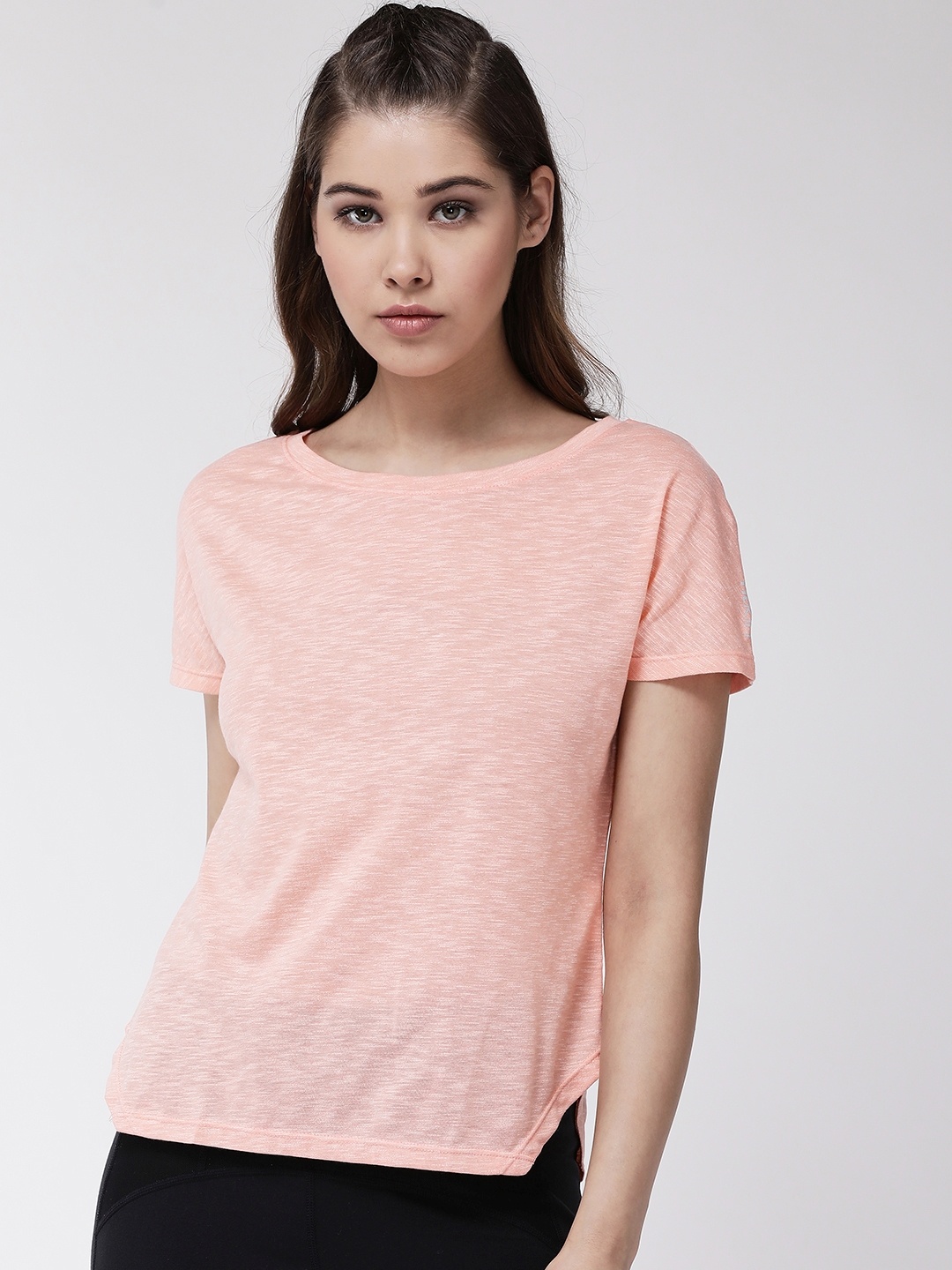 

Fitkin Women Peach-Coloured Solid Round Neck Lightweight Training Pure Cotton T-shirt