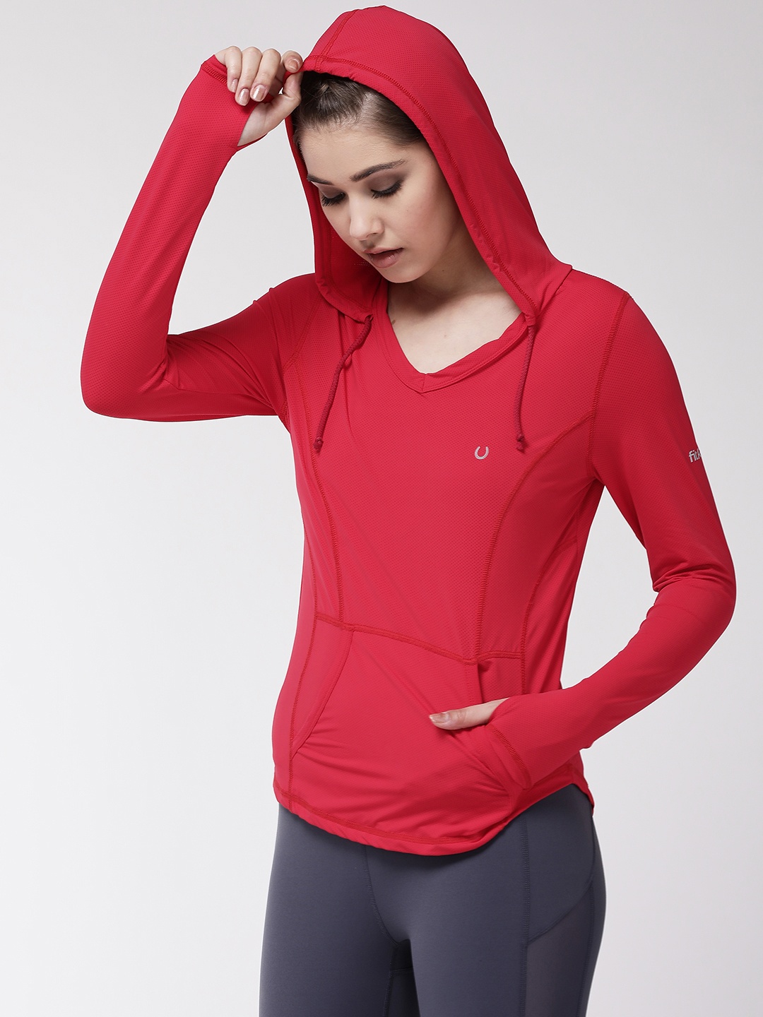 

Fitkin Women Red Self Design Hood Training T-shirt
