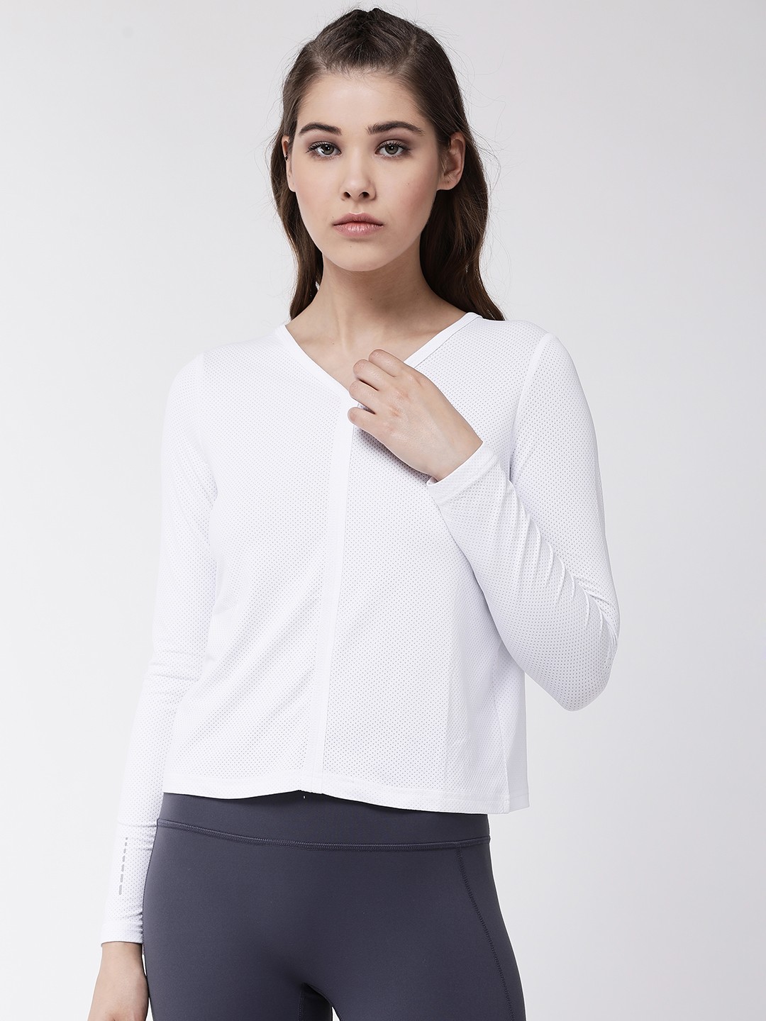 

Fitkin Women White Self Design V-Neck Lightweight Gym T-shirt