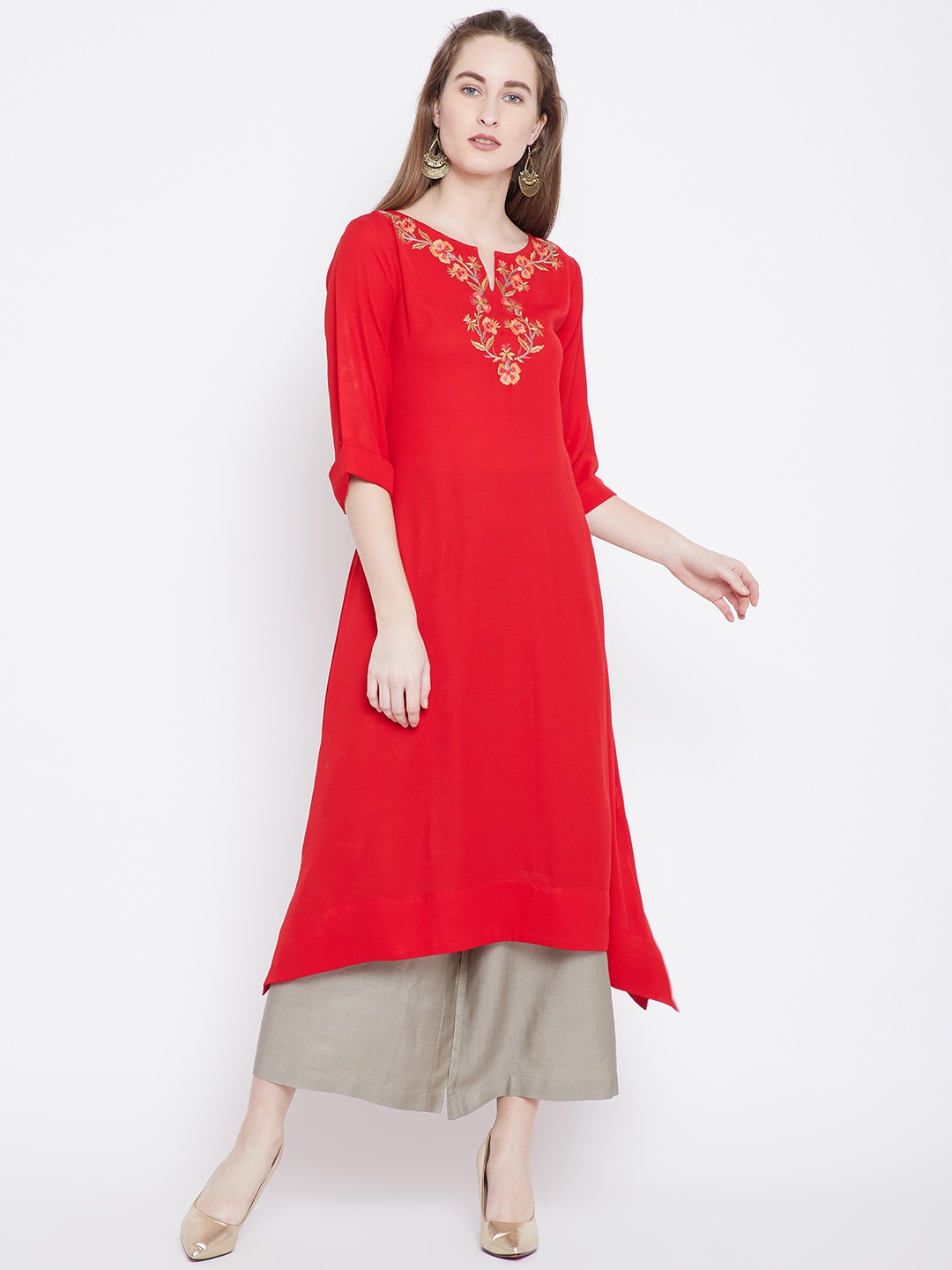 

One of a Kind Women Red Yoke Design A-Line Asymmetric Kurta