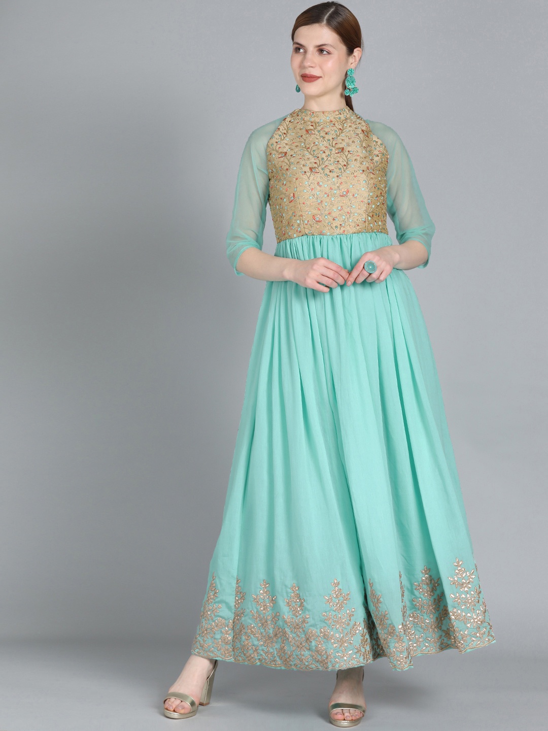 

Ethnovog Women Blue Embroidered Made To Measure A-Line Dress