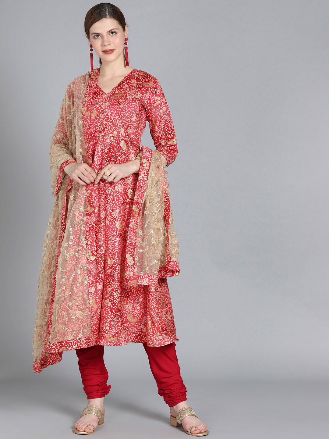 

Ethnovog Women Red Printed Made To Measure Kurta with Churidar Dupatta