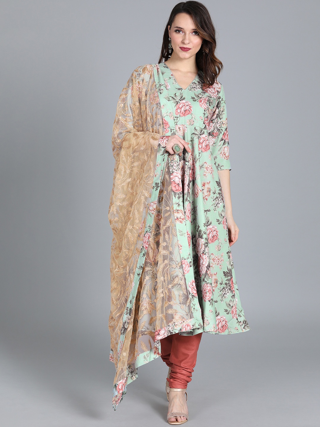 

Ethnovog Women Sea Green Pink Made to Measure Kurta with Churidar Dupatta