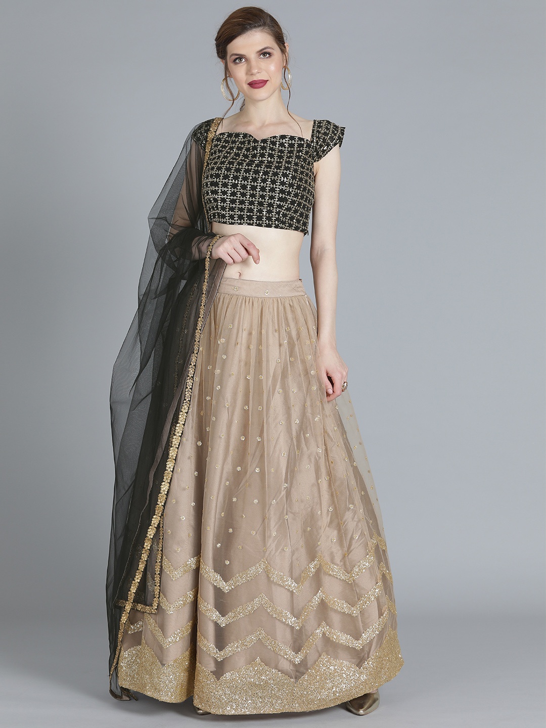 

Ethnovog Black Beige Embroidered Made to Measure Lehenga Blouse with Dupatta