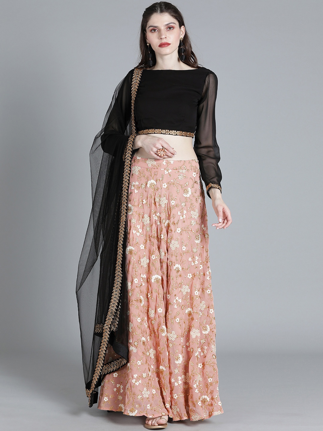 

Ethnovog Black Peach-Coloured Embellished Made to Measure Lehenga Blouse with Dupatta