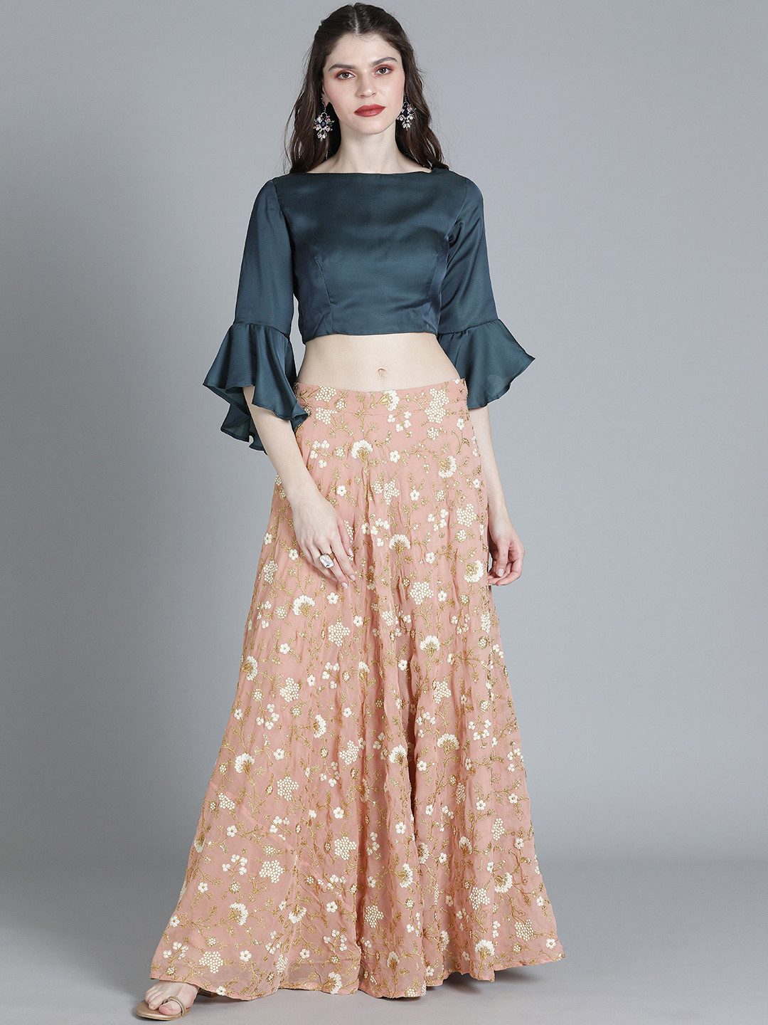 

Ethnovog Teal Blue Peach Embroidered Made to Measure Lehenga with Blouse