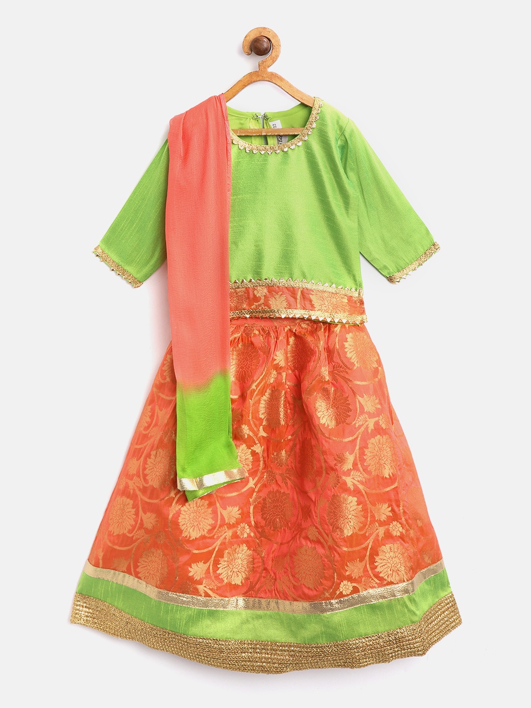 

BownBee Girls Coral Orange & Green Solid Ready to Wear Pattu Pavadai with Dupatta