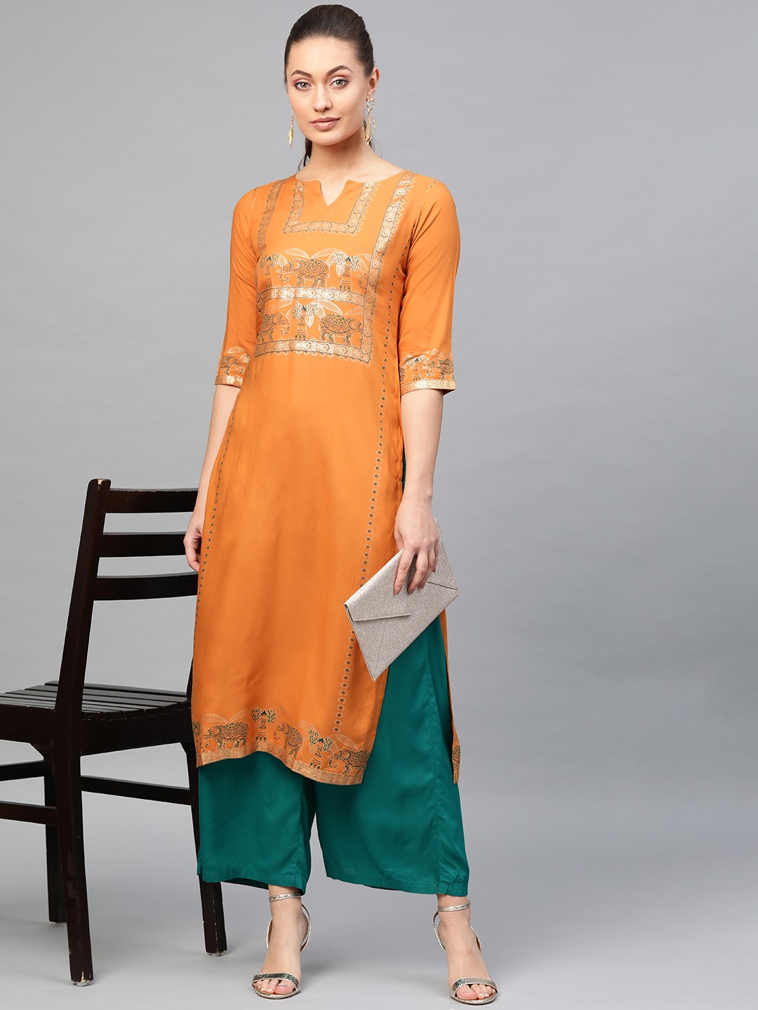 

Libas Women Mustard Yellow Block Print Straight Kurta