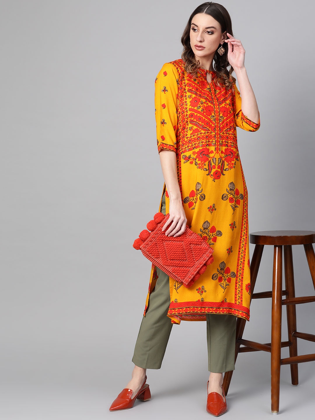 

Libas Women Yellow & Orange Printed Straight Kurta