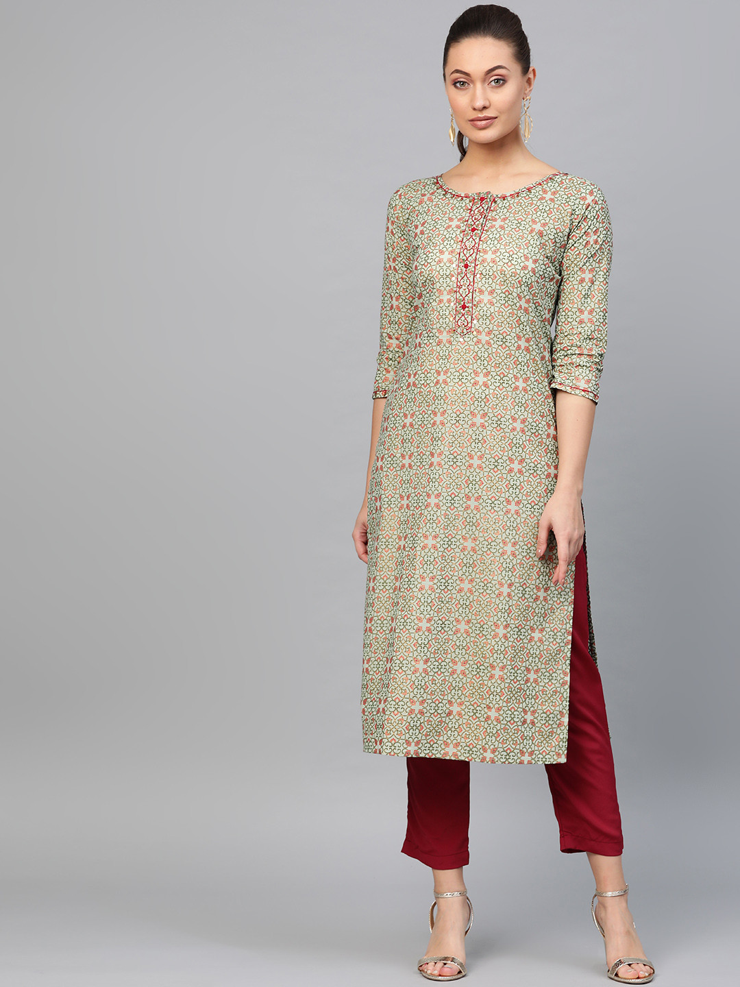 

Libas Women Green & Red Block Print Straight Kurta