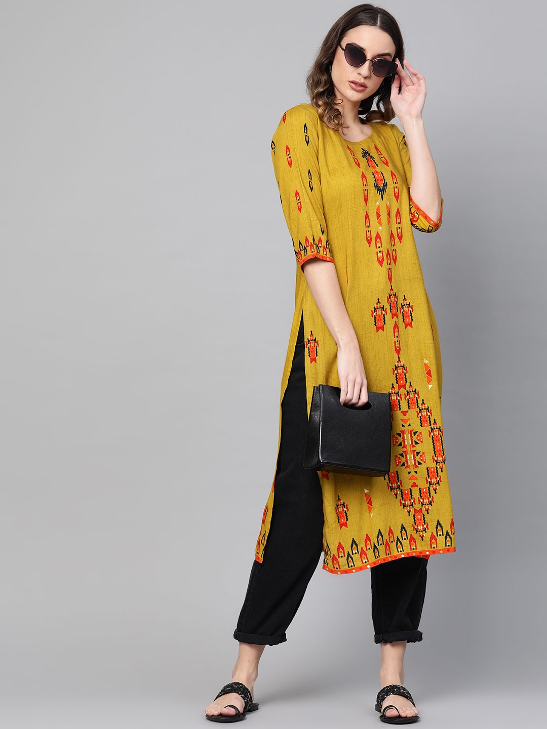 

Libas Women Mustard Yellow & Red Printed Straight Kurta