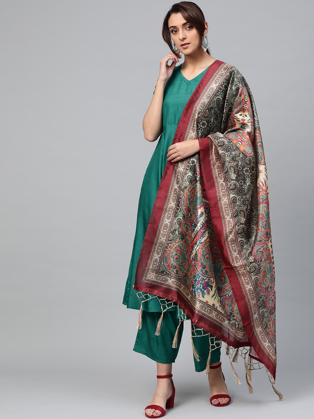 

Libas Women Green & Beige Solid Empire A-Line Kurta with Trousers & Dupatta