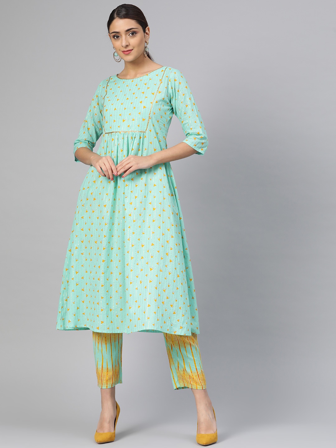 

Libas Women Green & Yellow Printed Kurta with Trousers