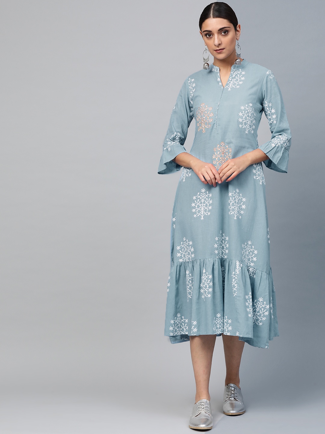 

Libas Women Blue & White Block Printed A-Line Dress