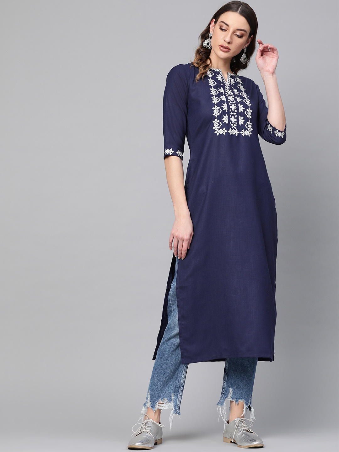 

Libas Women Navy Blue & White Yoke Design Straight Kurta