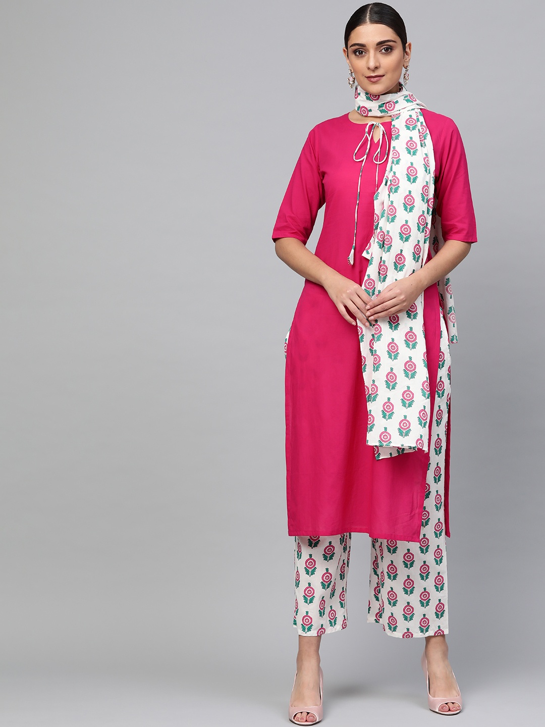 

Libas Women Pink & White Solid Kurta with Palazzos & Stole