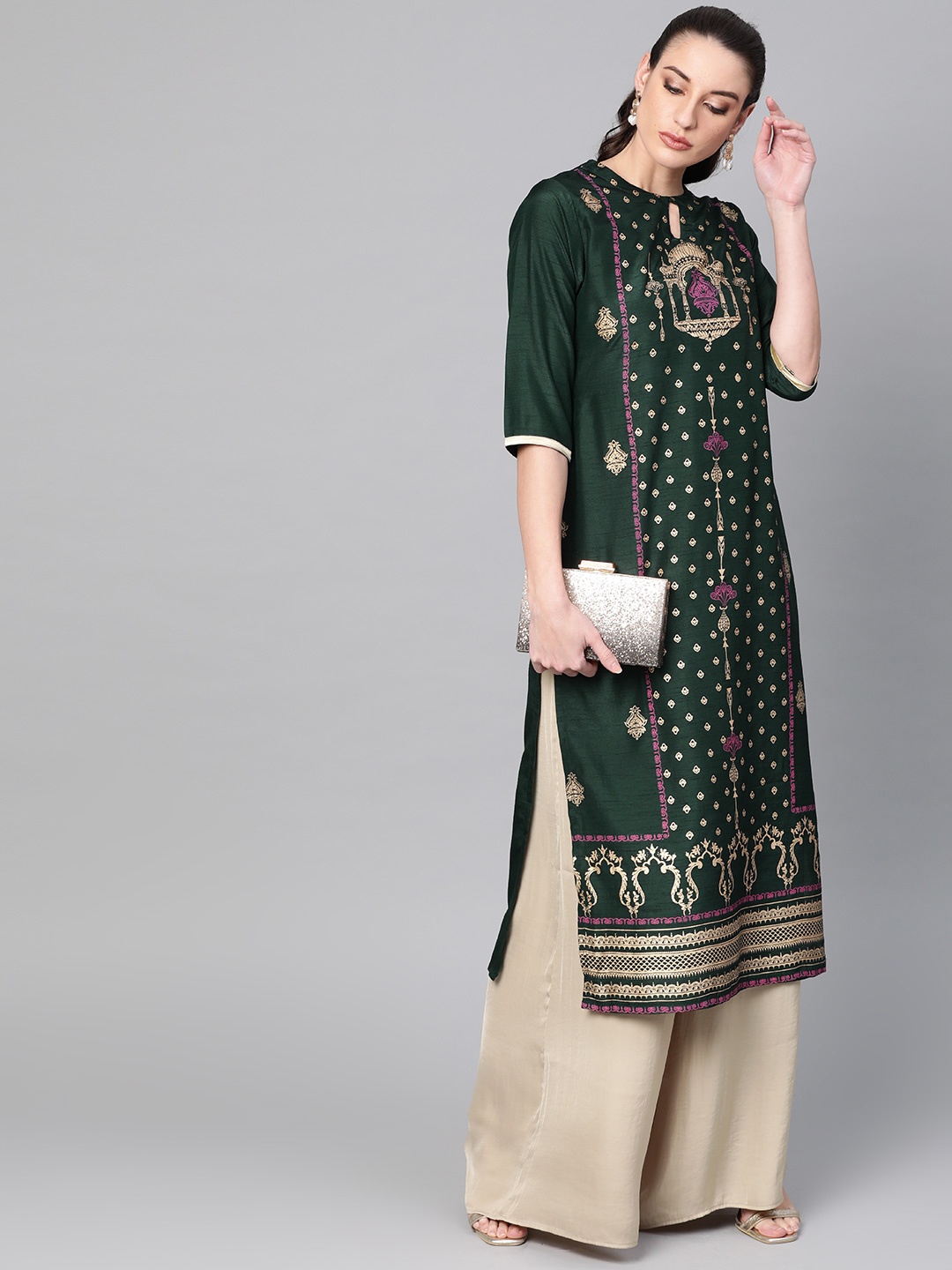 

Libas Women Green & Golden Block Print Straight Kurta