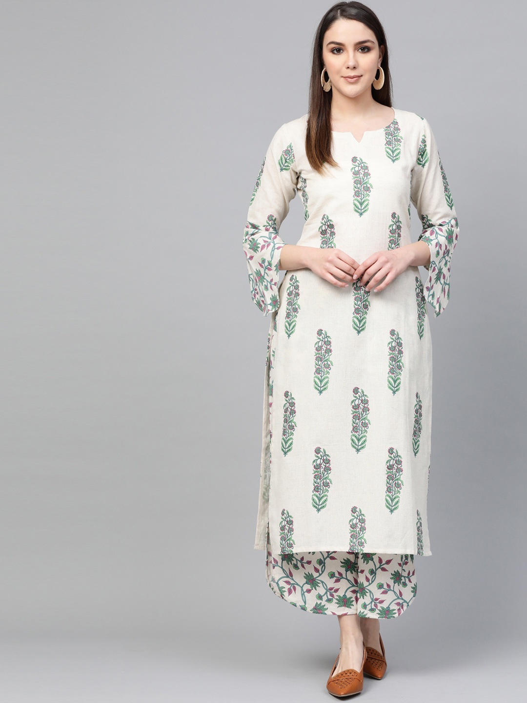 

Libas Women Off-White & Green Printed Kurta with Palazzos