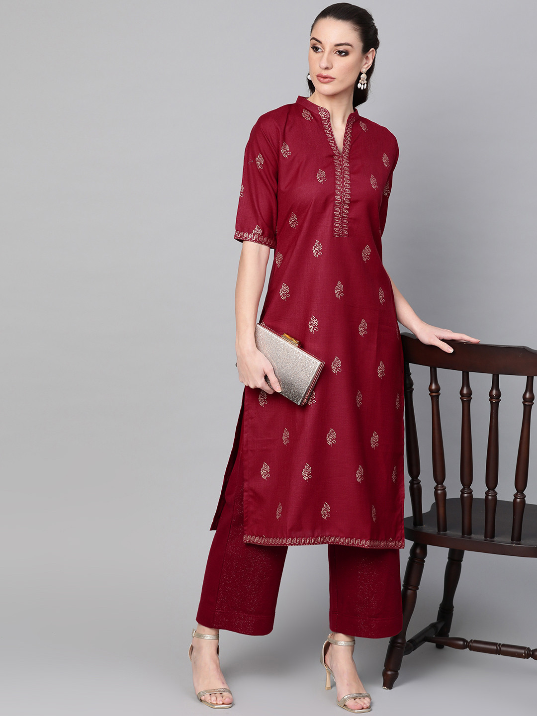 

Libas Women Maroon & Golden Block Print Straight Kurta